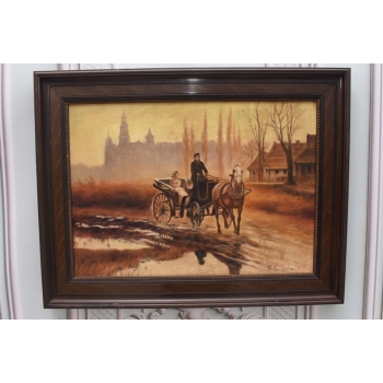 W. Chmieliński - Dorożka Na Przedmieściach - Wprawa Na Targ - Obraz Olejny