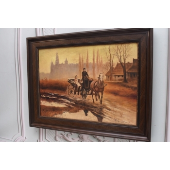 W. Chmieliński - Dorożka Na Przedmieściach - Wprawa Na Targ - Obraz Olejny