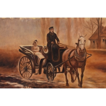 W. Chmieliński - Dorożka Na Przedmieściach - Wprawa Na Targ - Obraz Olejny