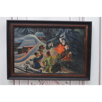 Z. Stryjeńska - Górale z Gwiazdą Betlejemską - Duży Stary Obraz Olejny