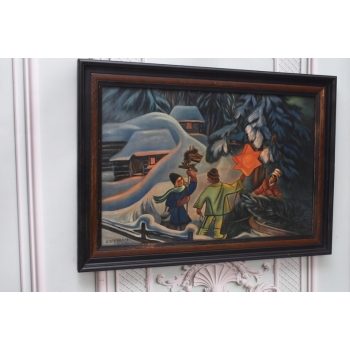 Z. Stryjeńska - Górale z Gwiazdą Betlejemską - Duży Stary Obraz Olejny