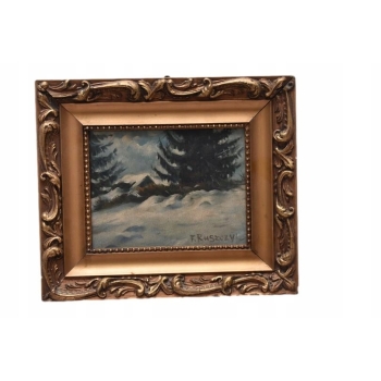 F. Ruszczyc - Zimowy Pejzaż Polskiej Wsi - Las - Stary Obraz na Drewnie