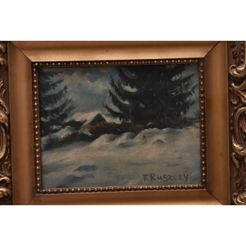 F. Ruszczyc - Zimowy Pejzaż Polskiej Wsi - Las - Stary Obraz na Drewnie