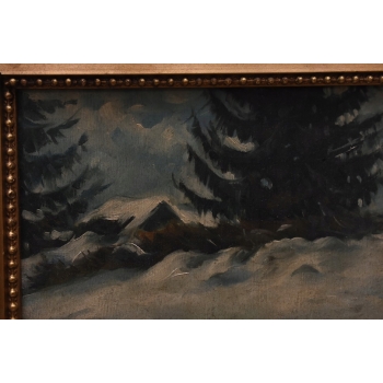 F. Ruszczyc - Zimowy Pejzaż Polskiej Wsi - Las - Stary Obraz na Drewnie