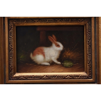 Króliczek - Królik Zając - Obraz Olejny - Złota Zdobiona Rama