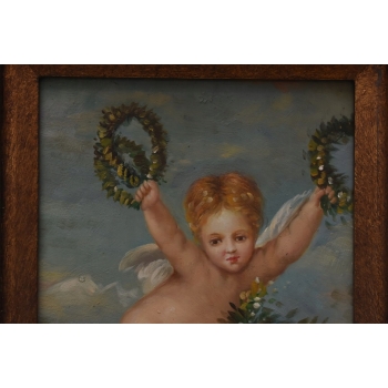 LAtający Amor z Wieńcami - Anioł Amor - Obraz Olejny - Złota Rama