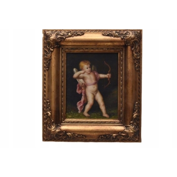 Anioł Amor z Łukiem - Obraz Olejny - Złota Rama - Olej drewno Rękodzieło