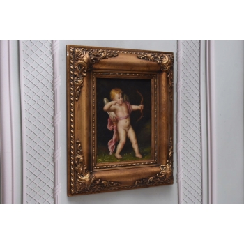 Anioł Amor z Łukiem - Obraz Olejny - Złota Rama - Olej drewno Rękodzieło