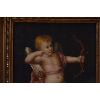 Anioł Amor z Łukiem - Obraz Olejny - Złota Rama - Olej drewno Rękodzieło