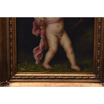 Anioł Amor z Łukiem - Obraz Olejny - Złota Rama - Olej drewno Rękodzieło