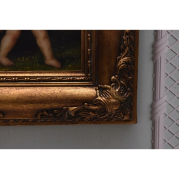 Anioł Amor z Łukiem - Obraz Olejny - Złota Rama - Olej drewno Rękodzieło