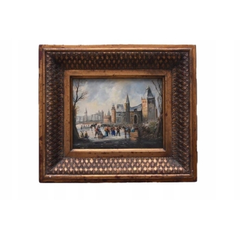 Zimowy Francuski Pejzaż - Jazda na Łyżwach w latach 20 - Obraz Olejny Rama