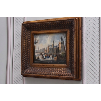 Zimowy Francuski Pejzaż - Jazda na Łyżwach w latach 20 - Obraz Olejny Rama