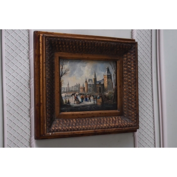 Zimowy Francuski Pejzaż - Jazda na Łyżwach w latach 20 - Obraz Olejny Rama