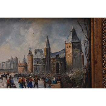 Zimowy Francuski Pejzaż - Jazda na Łyżwach w latach 20 - Obraz Olejny Rama