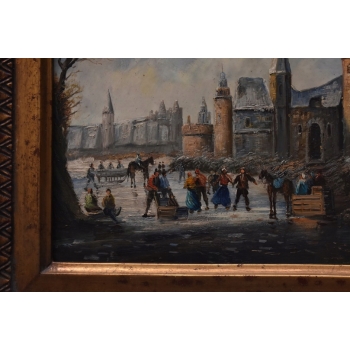 Zimowy Francuski Pejzaż - Jazda na Łyżwach w latach 20 - Obraz Olejny Rama