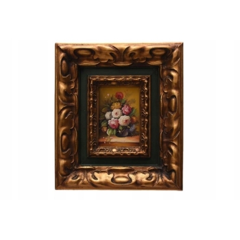 Kwiaty w Wazonie - Martwa Natura - Obraz Olejny Rama Złoto Zielona