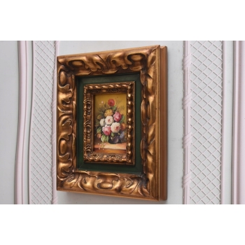 Kwiaty w Wazonie - Martwa Natura - Obraz Olejny Rama Złoto Zielona