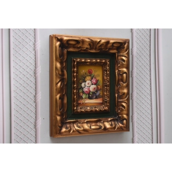 Kwiaty w Wazonie - Martwa Natura - Obraz Olejny Rama Złoto Zielona