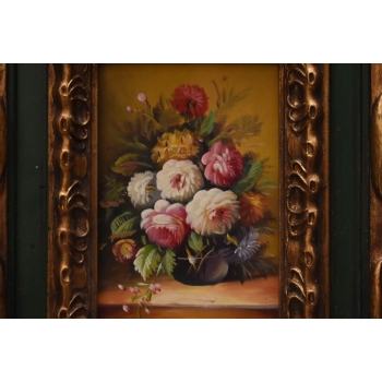 Kwiaty w Wazonie - Martwa Natura - Obraz Olejny Rama Złoto Zielona