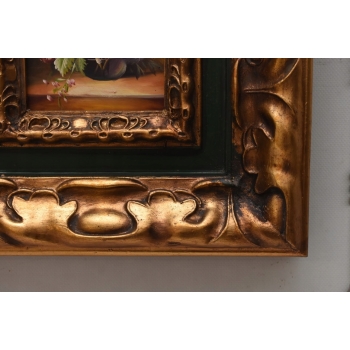 Kwiaty w Wazonie - Martwa Natura - Obraz Olejny Rama Złoto Zielona