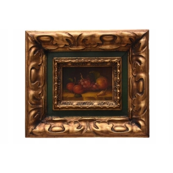 Owoce na Stole - Martwa Natura - Obraz Olejny Rama Złoto Zielona