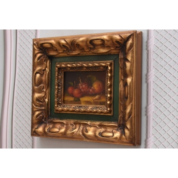 Owoce na Stole - Martwa Natura - Obraz Olejny Rama Złoto Zielona