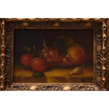Owoce na Stole - Martwa Natura - Obraz Olejny Rama Złoto Zielona