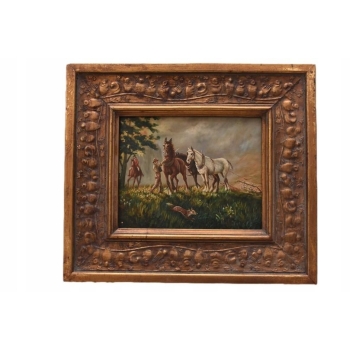 Myśliwi i Konie Koń - Myśliwski Obraz - Obraz Olejny - Złota Rama