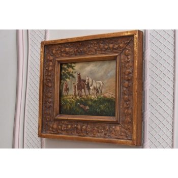 Myśliwi i Konie Koń - Myśliwski Obraz - Obraz Olejny - Złota Rama