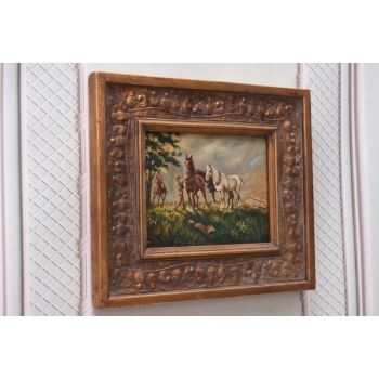 Myśliwi i Konie Koń - Myśliwski Obraz - Obraz Olejny - Złota Rama