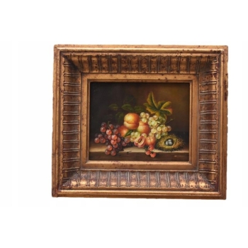 Owoce na Stole - Martwa Natura - Obraz Olejny Rama Złoto Zielona
