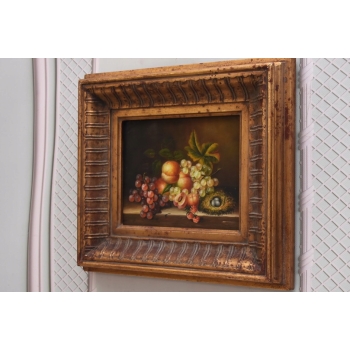 Owoce na Stole - Martwa Natura - Obraz Olejny Rama Złoto Zielona