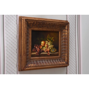 Owoce na Stole - Martwa Natura - Obraz Olejny Rama Złoto Zielona