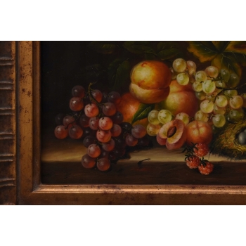 Owoce na Stole - Martwa Natura - Obraz Olejny Rama Złoto Zielona