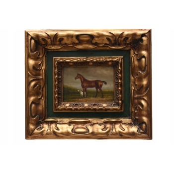 Koń i Pies - Obraz Olejny Rama Złoto Zielona