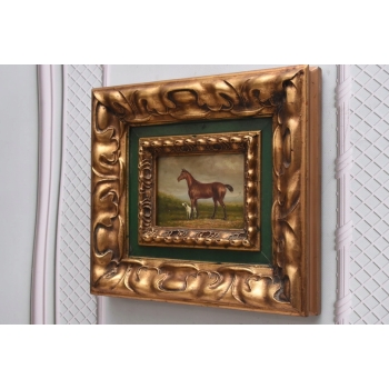 Koń i Pies - Obraz Olejny Rama Złoto Zielona
