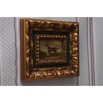 Koń i Pies - Obraz Olejny Rama Złoto Zielona