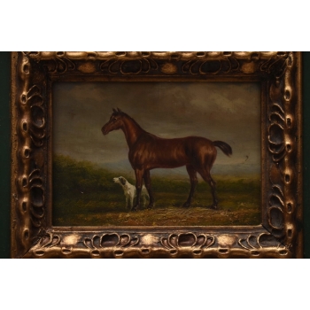 Koń i Pies - Obraz Olejny Rama Złoto Zielona