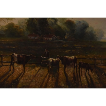 Krowy na Pastwisku KROWA - LATO WIEŚ - Obraz Olejny - Złota Rama