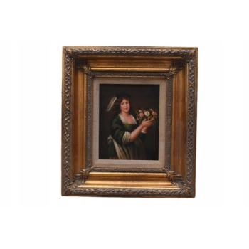 Kobieta w Zielonej Sukni z Kwiatami - Portret - Obraz Olejny - Złota Rama