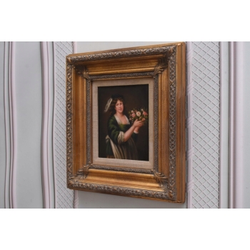 Kobieta w Zielonej Sukni z Kwiatami - Portret - Obraz Olejny - Złota Rama