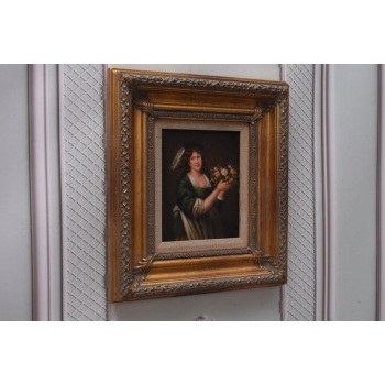 Kobieta w Zielonej Sukni z Kwiatami - Portret - Obraz Olejny - Złota Rama