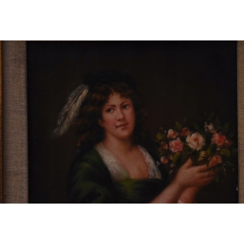 Kobieta w Zielonej Sukni z Kwiatami - Portret - Obraz Olejny - Złota Rama