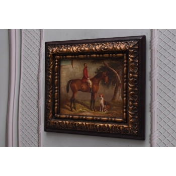Dżokej Myśliwy na Koniu - Obraz Olejny - Złota Gruba Rama