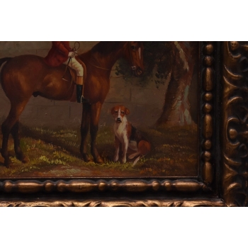 Dżokej Myśliwy na Koniu - Obraz Olejny - Złota Gruba Rama