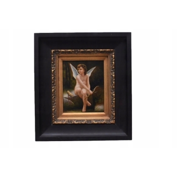Anioł Amor z Łukiem - Obraz Olejny - Złota Rama - Olej drewno Rękodzieło