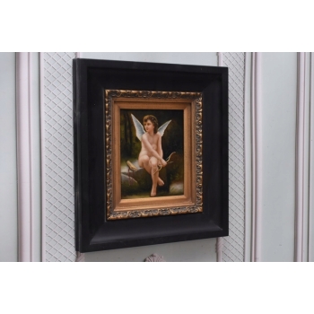 Anioł Amor z Łukiem - Obraz Olejny - Złota Rama - Olej drewno Rękodzieło