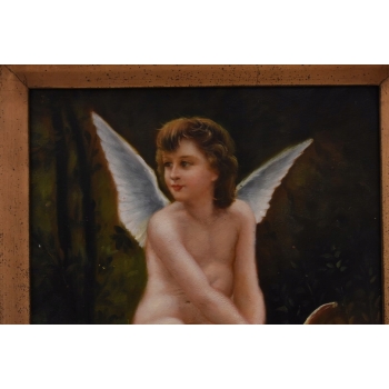 Anioł Amor z Łukiem - Obraz Olejny - Złota Rama - Olej drewno Rękodzieło