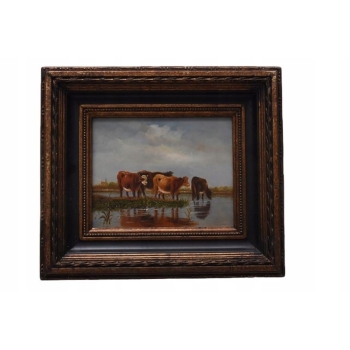 Krowy nad rzeką przy wodopoju KROWA - LATO WIEŚ - Obraz Olejny - Złota Rama
